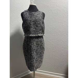 Karl Lagerfeld Paris Black White Tweed Fringe Popover Sheath Dress LD6T1132 Sz 8